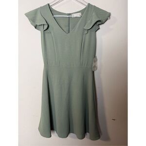 Altar'd State Mini Sun Dress Sage Green VNeck Ruffled Lined Stretchy Preppy Coqu
